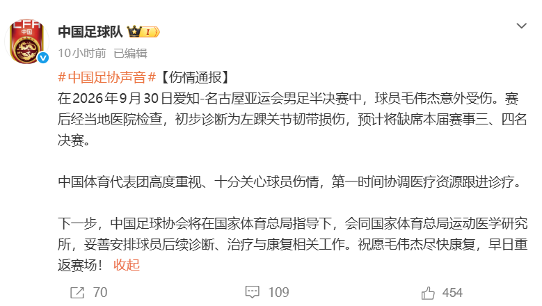 星空体育首页足协深夜发布：毛伟杰初步诊断为左踝关节韧带损伤，无缘亚运会季军战